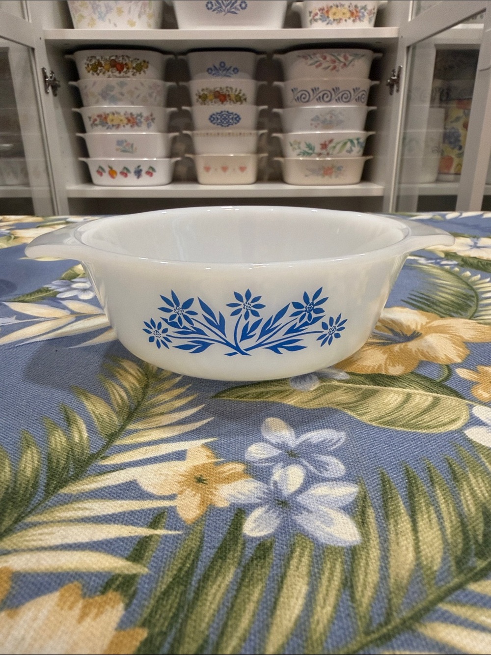 Fire King White Milk Glass Casserole with Blue Floral Pattern
